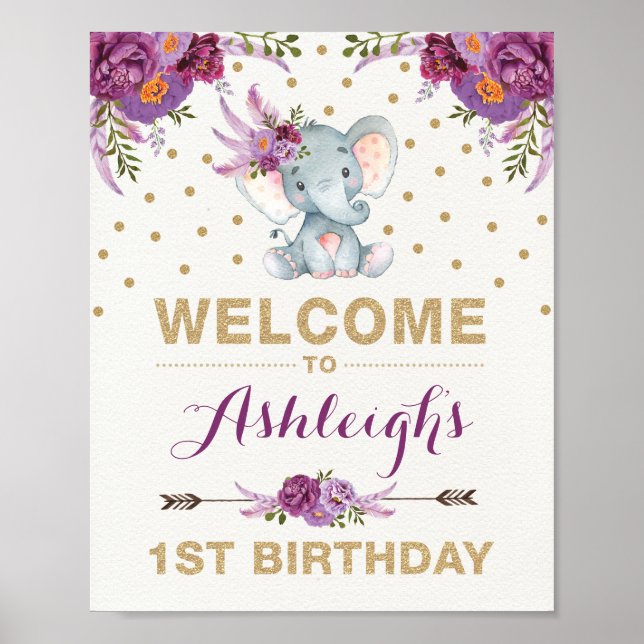 Purple Gold Boho Elephant Birthday Welcome Sign (Front)