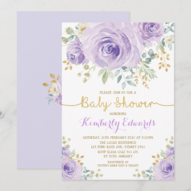 Purple Gold Boho Floral Rose Girl Baby Shower Invitation (Front/Back)