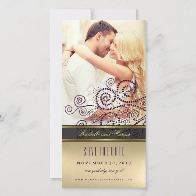 Purple & Gold Boho Spiral Dots Elegant Chic Photo Save The Date (Front)