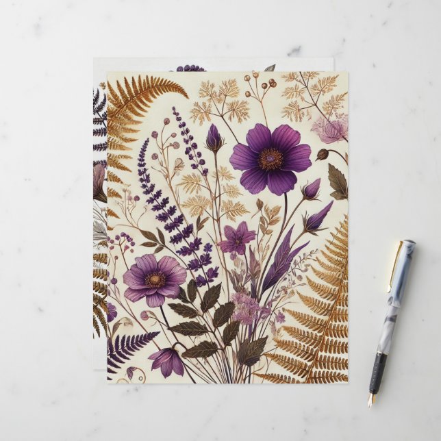 Purple & Gold Boho Wildflowers and Ferns Scrapbook (Front/Back In Situ)
