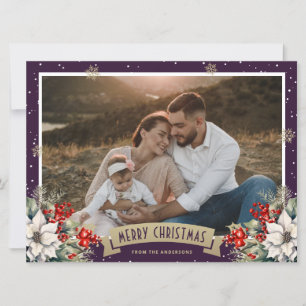 Purple Gold Botanical Snowflake Photo Christmas Holiday Card