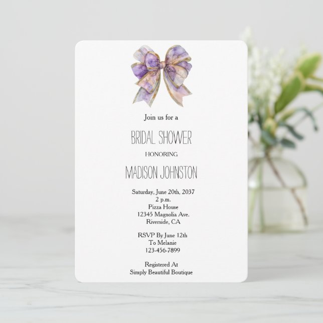 Purple Gold Bow Bridal Shower Invitation (Standing Front)