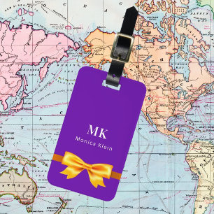 Purple gold bow monogram initials elegant luggage tag