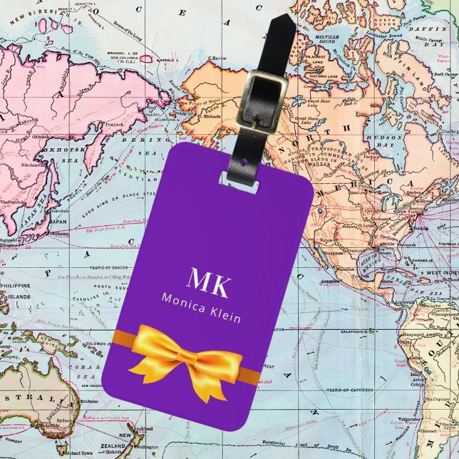 Purple gold bow monogram initials elegant luggage tag (Creator Uploaded)