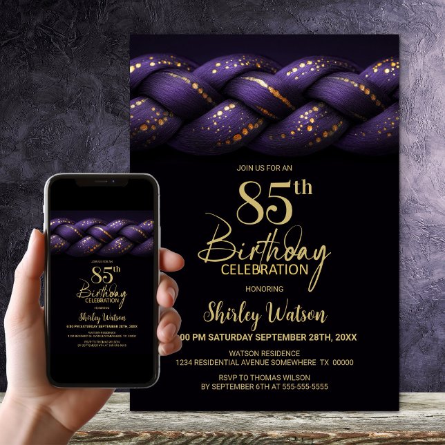Purple Gold Braid 85th Birthday Party Invitation (Creator Uploaded)