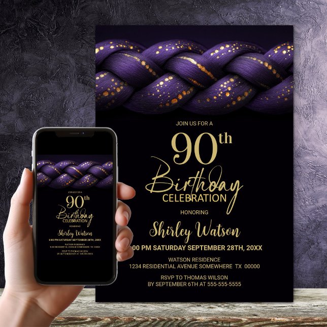 Purple Gold Braid 90th Birthday Party Invitation (Creator Uploaded)