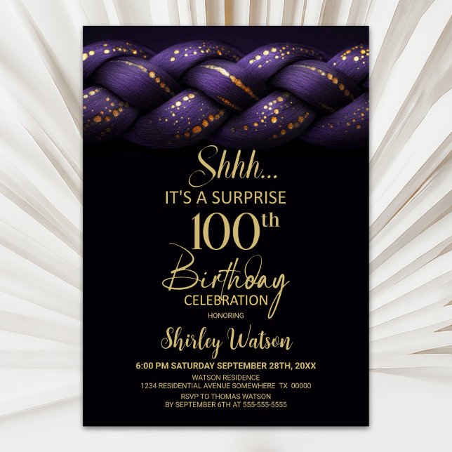 Purple Gold Braid Surprise 100th Birthday Party Invitation (Creator Uploaded)