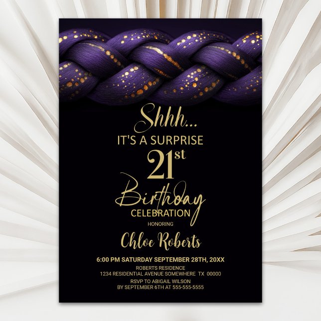 Purple Gold Braid Surprise 21st Birthday Party Invitation (Creator Uploaded)