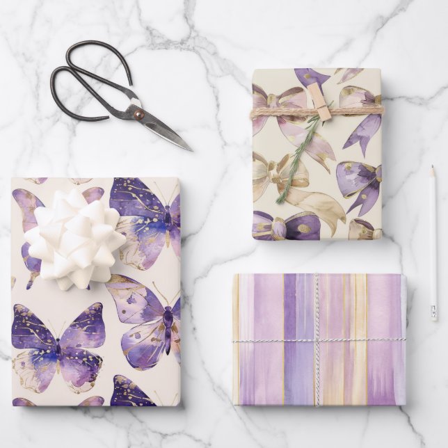 Purple Gold Butterflies Bows Stripes Birthday  Wrapping Paper Sheet (Front)