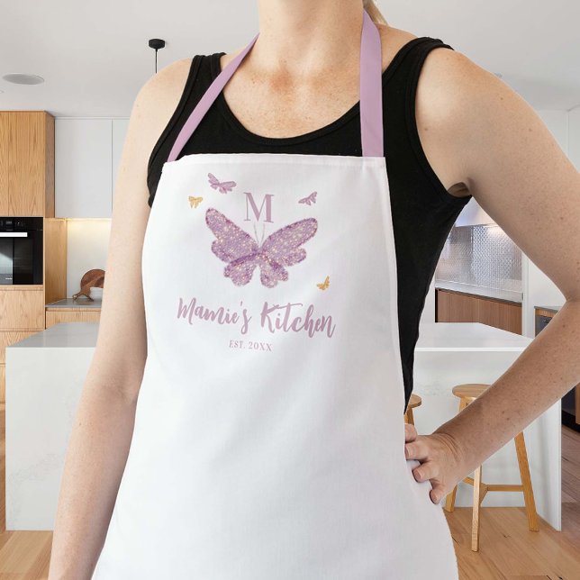 Purple Gold Butterflies Custom Monogram Mum Gift Apron (butterflies personalized apron mom hostess grandma gift thanksgiving christmas custom monogram lilac)
