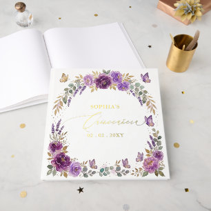Purple Gold Butterflies Floral Quinceañera Guest Book