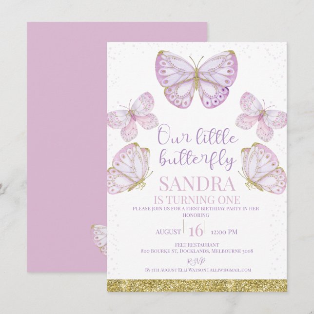 Purple Gold Butterflies Girls 1st Birthday Invitat Invitation (Front/Back)