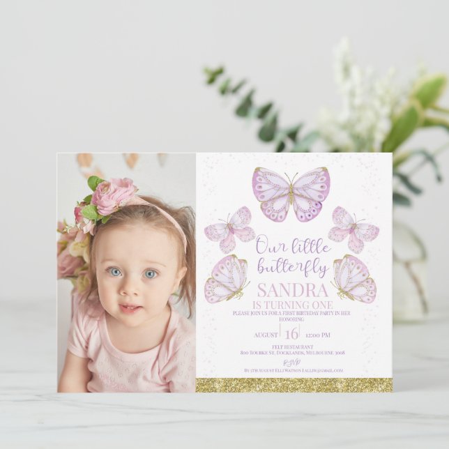 Purple Gold Butterflies Girls Photo 1st Birthday Invitation (Standing Front)