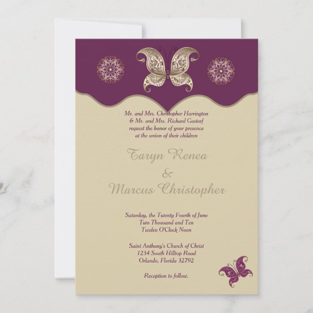 Purple Gold Butterfly 5x7 Wedding Invitation (Front)