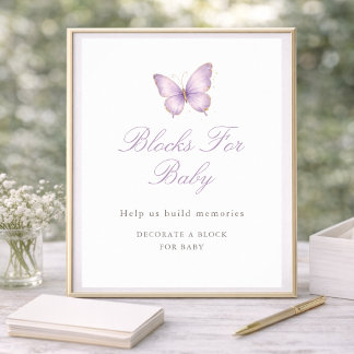 Purple Gold Butterfly Baby Shower Blocks For Baby Poster