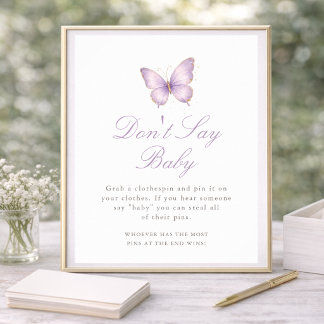 Purple Gold Butterfly Baby Shower Don't Say Baby Poster
