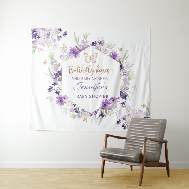 Purple gold butterfly baby shower tapestry (In Situ (Horizontal))