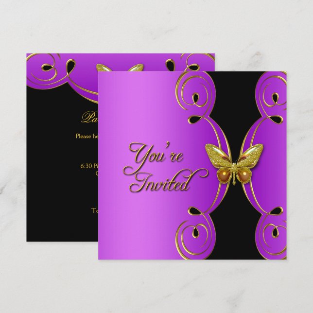 Purple Gold Butterfly Elegant Birthday Party Invitation (Front/Back)