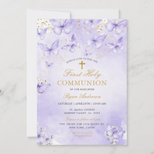 Purple Gold Butterfly First Holy Communion  Invitation