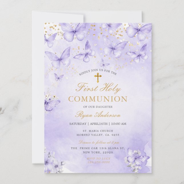 Purple Gold Butterfly First Holy Communion  Invitation (Front)