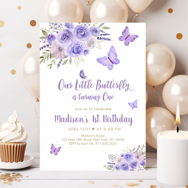 Purple Gold Butterfly Floral 1st Birthday Invitation (Creator Uploaded)