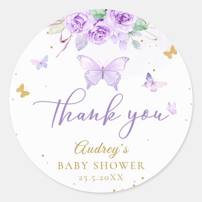 Purple Gold Butterfly Floral Baby Shower Classic Round Sticker (Front)