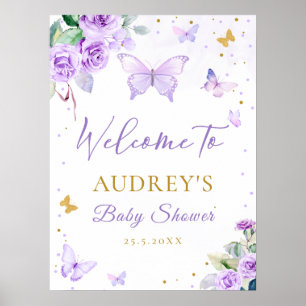 Purple Gold Butterfly Floral Baby Shower Welcome Poster