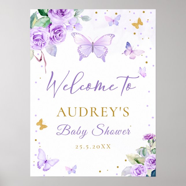Purple Gold Butterfly Floral Baby Shower Welcome Poster (Front)