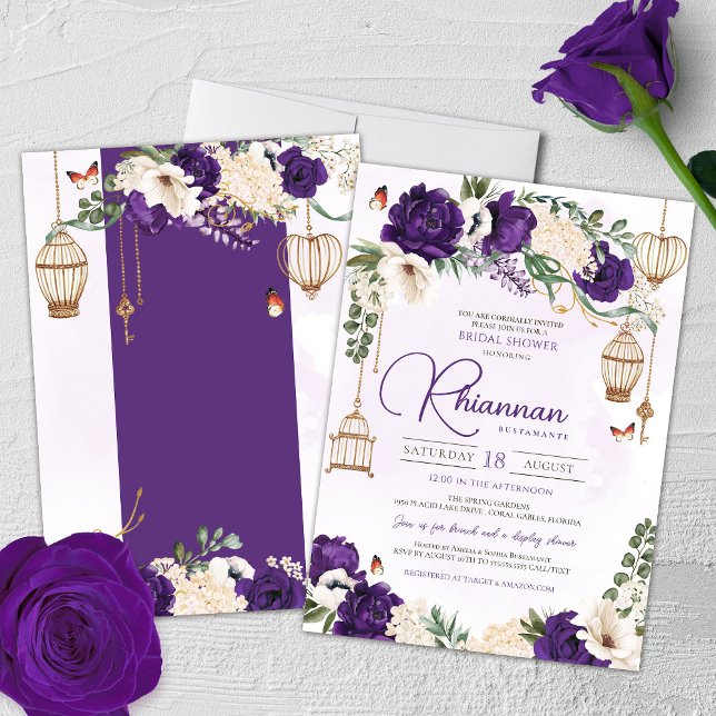 Purple Gold Butterfly Floral Elegant Bridal Shower Invitation (Creator Uploaded)