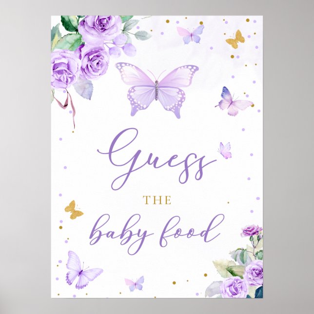 Purple Gold Butterfly Floral Guess The Baby Food Poster (Front)