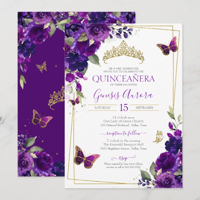 Purple & Gold Butterfly Floral Quinceanera Invitation (Front/Back)
