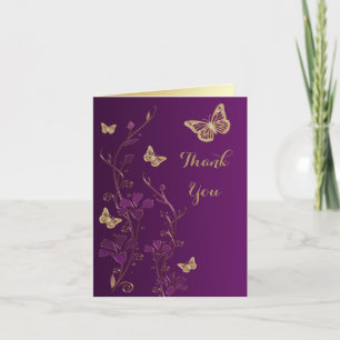 Purple, Gold Butterfly, Floral Thank You Note Card