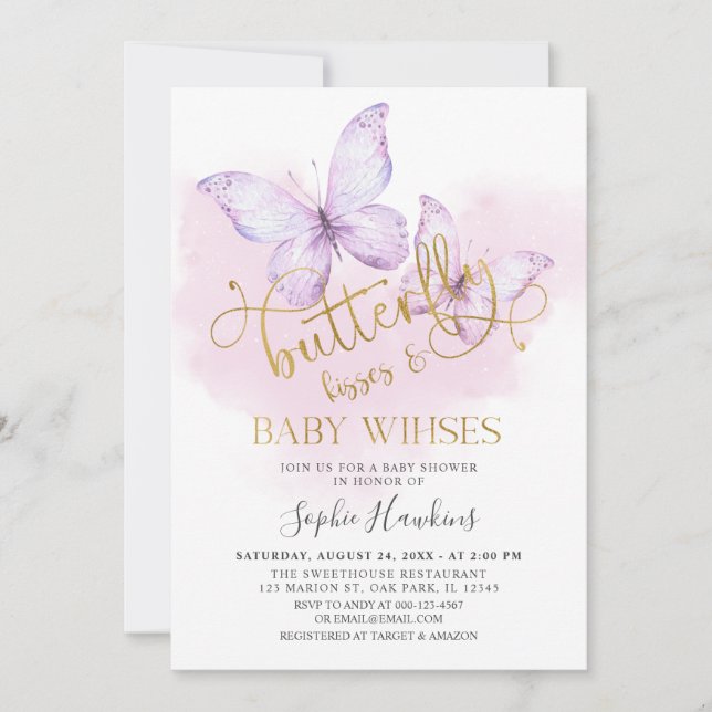 Purple Gold Butterfly Kisses Baby Girl Baby Shower Invitation (Front)