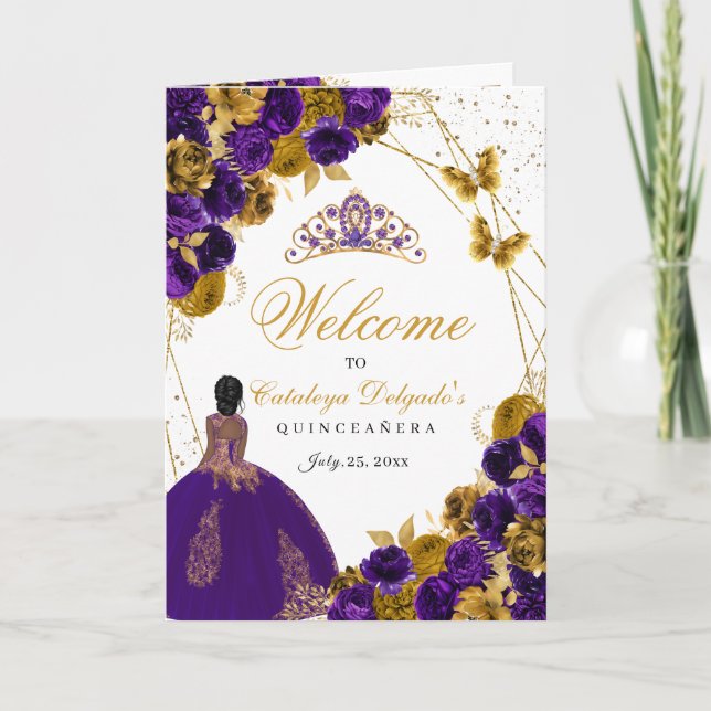 Purple & Gold Butterfly Quinceanera Program Invitation (Front)