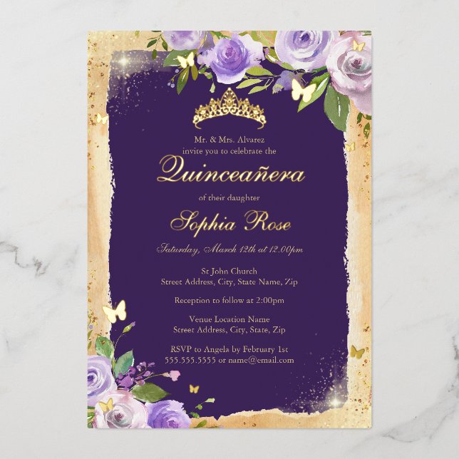 Purple Gold Butterfly Rose Floral Quinceanera (Front)
