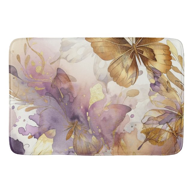 Purple & Gold Butterfly Watercolor Butterflies Bath Mat (Front)