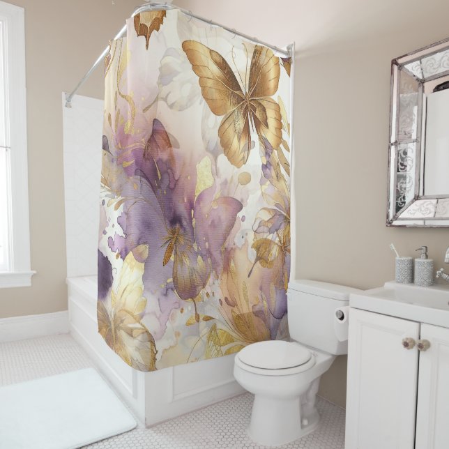 Purple & Gold Butterfly Watercolor Butterflies Shower Curtain (In Situ)