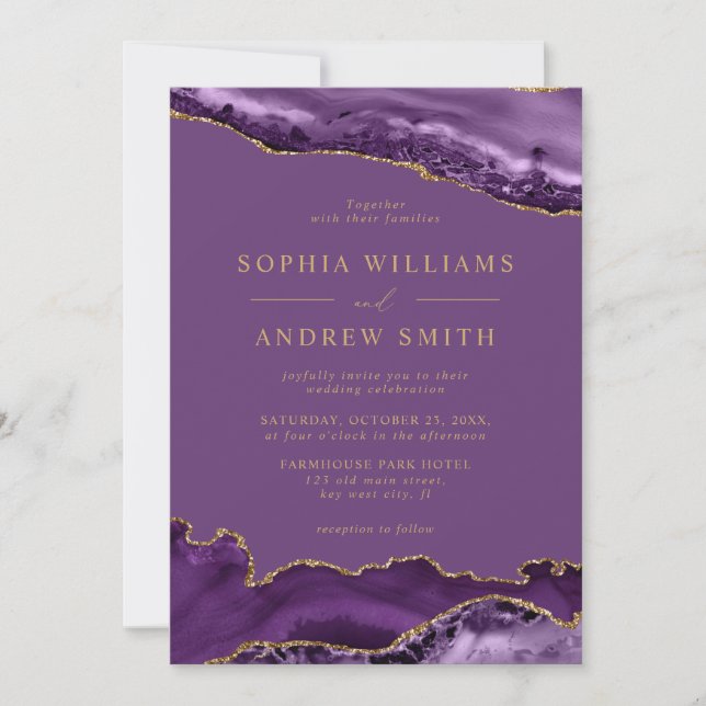 Purple & Gold Calligraphy Wedding Invitation (Front)