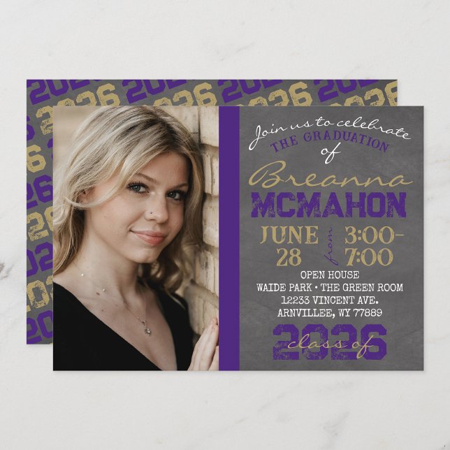 Purple & Gold Chalkboard Graduation Invitation (Repeating Class Year Chalkboard Graduation Photo Invitations)