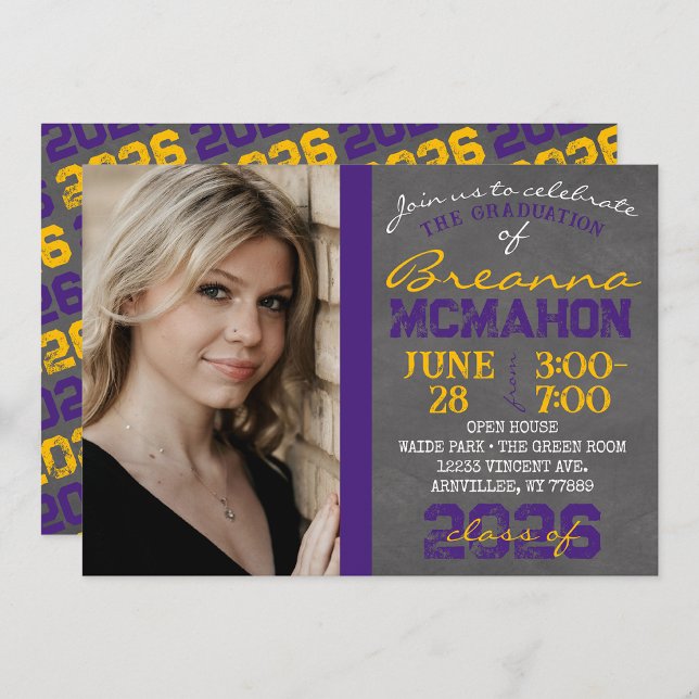 Purple & Gold Chalkboard Graduation Invitation (Repeating Class Year Chalkboard Graduation Photo Invitations)