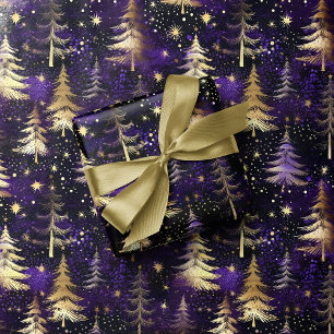 Purple & Gold Christmas Tree Snowfall Luxury Xmas Wrapping Paper