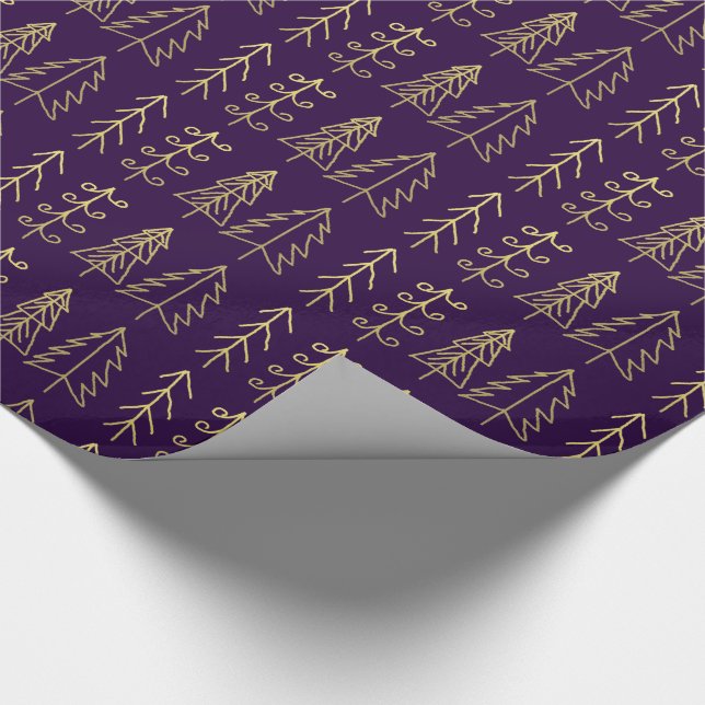 Purple Gold Christmas Trees Pattern Modern Wrapping Paper (Corner)