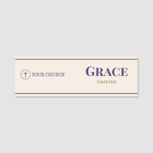 Purple Gold Church Greeter Logo Employee Name Tag