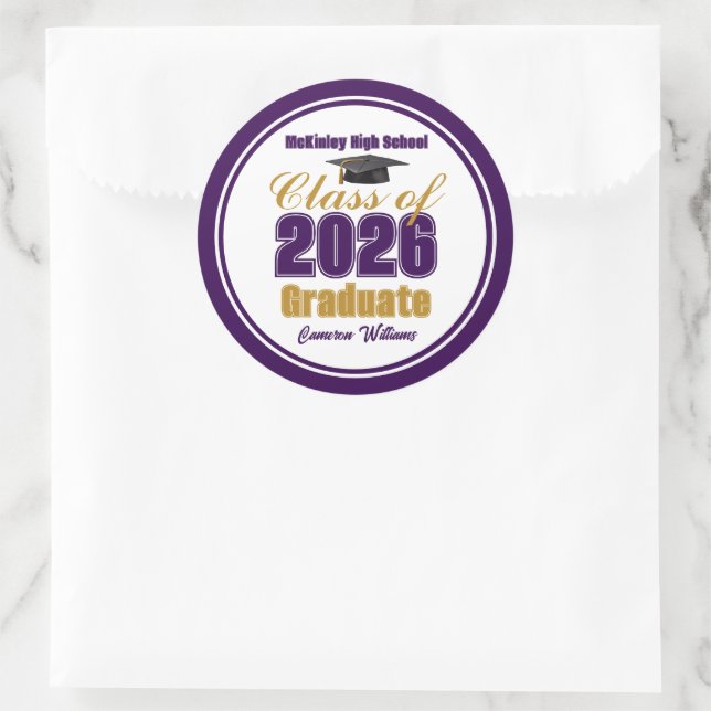 Purple Gold Class of 2026 Graduation Party Classic Round Sticker (Bag)