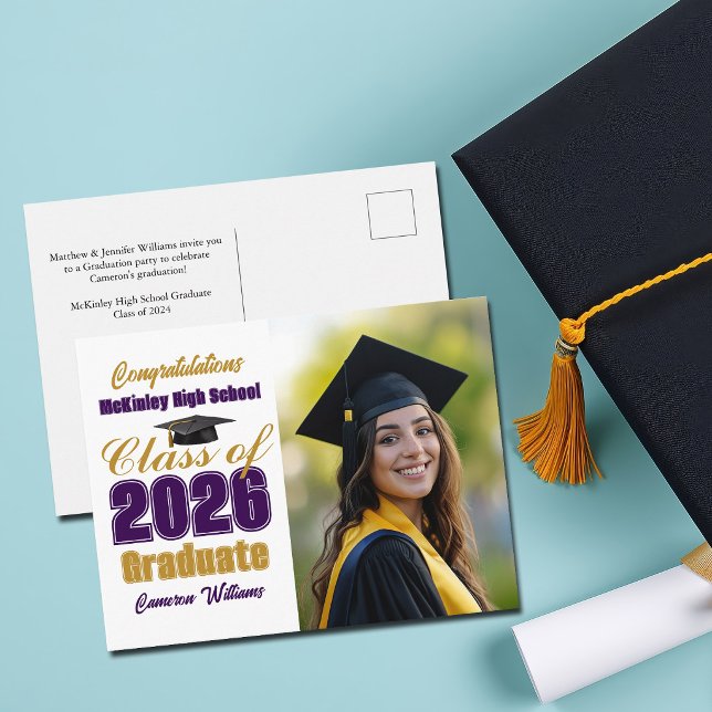 Purple Gold Class of 2026 Photo Graduation Announcement Postcard (Creator Uploaded)