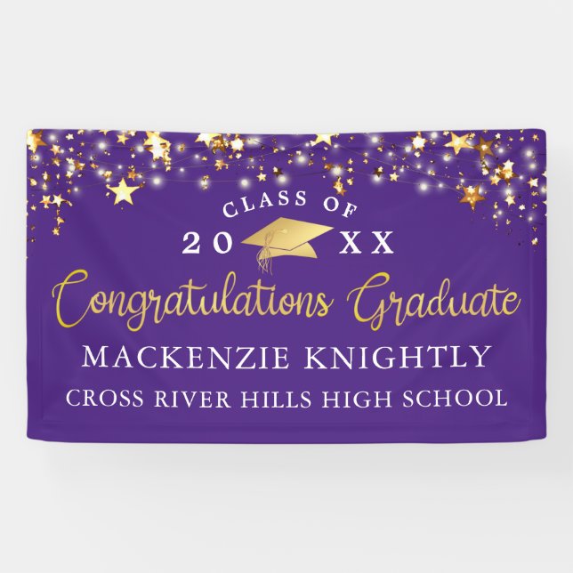 Purple Gold Class of Congrats Grad Script Stars Banner (Horizontal)