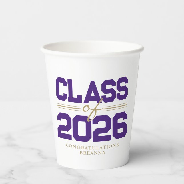 Purple & Gold Class of Year Graduation Paper Cups (Back)