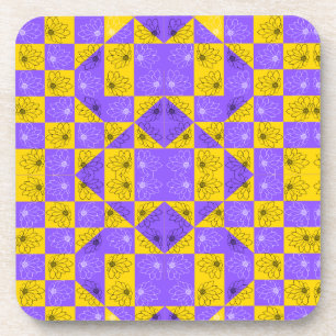 Purple gold Classic Ckeckerboard and flowers Coaster