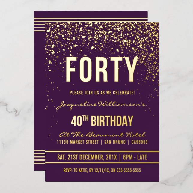 Purple | Gold Confetti 40th Birthday Party (Front/Back)