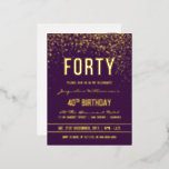 Purple | Gold Confetti 40th Birthday Party Foil Invitation Postcard<br><div class="desc">Purple | Gold Confetti 40th Birthday Party Foil Postcard Invitations. This formal, elegant, trendy, modern fortieth birthday party invitation is suitable for men or women. It comprises golden clean lines, stylish upper case gothic script, and sophisticated gold foil text on a royal purple background with showers of sparkling, shimmering gold...</div>